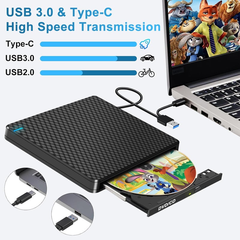 Guamar External DVD Drive for PC: USB-C Slim Portable CD Burner for Laptop Mac Windows 11 with SD/TF Slot/2 USB Ports Fast Data Transfer - Plug & Play - Image 4